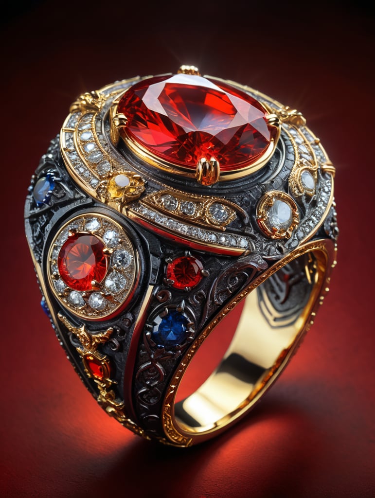 Royal golden ring with diamond, fantasy style, bright red background, rich colors, contrasting light, deep colors, high details