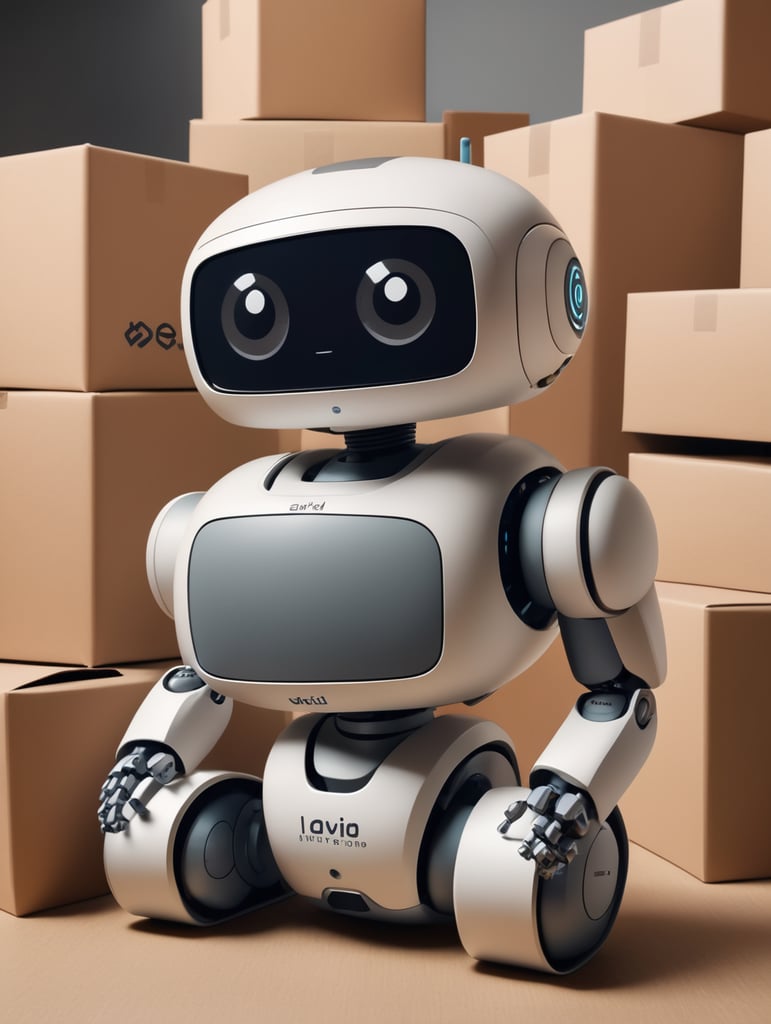 robo que trabalha no estoque, nome davi, com caixas ao fundo, meio fofo, e meio forte