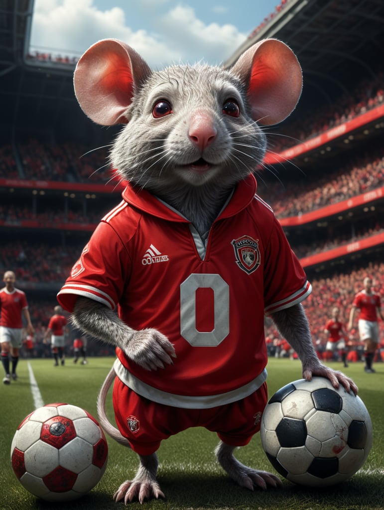 old gray mouse in red soccer outfit, fantasy