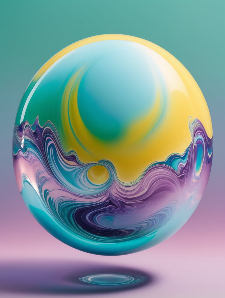 a singular object, floating in mid air, trippy, looks like a ball of liquid porcelain, gloss, shine, otherworldly, nature, photorealism, y2k, rave, plain light blue colour background, light green, pinks, purple, yellow