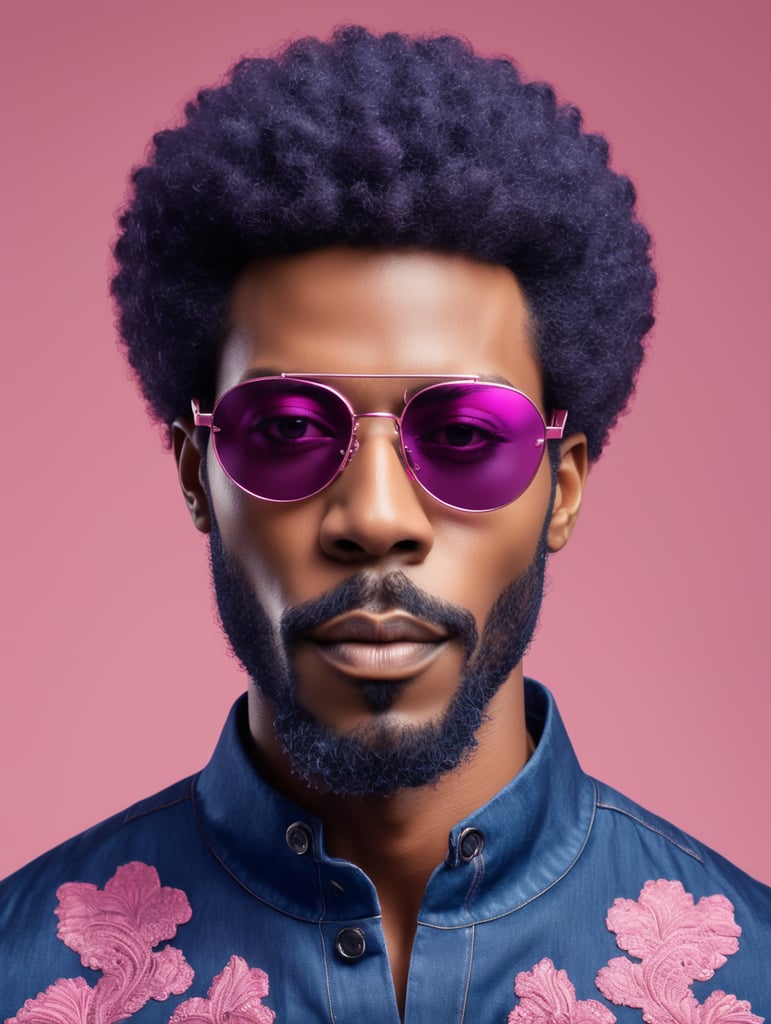 Afro ebony man, sunglasses, avant-garde, simplygo, photoshoot spread, dressed in all indigo, pink background, harpers bizarre, cover, headshot, hyper realistic