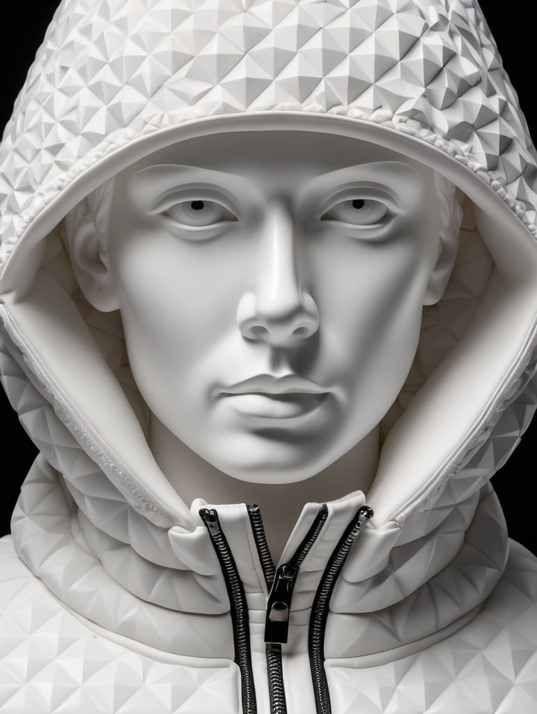 An ancient marble statue wears a modern puffer jacket of geometric pattern. Isolated black background.