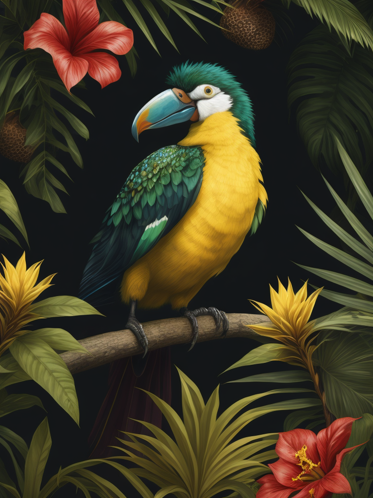 draw The central and accent place in the illustration should be occupied by the image of a pineapple (whole fruit, with pieces). Tropical mood of the Caribbean. The illustration should use a tropical ornament (for example, dense vegetation) In the illustration, you can use images of recognizable tropical birds (parrot, toucan, flamingo), flowers, insects, lizards, animals, as well as tropical plants - palm leaves, monstera, flowers. the illustration must be integrated with a skull, as a symbol that is depicted on the entire line of the brand.