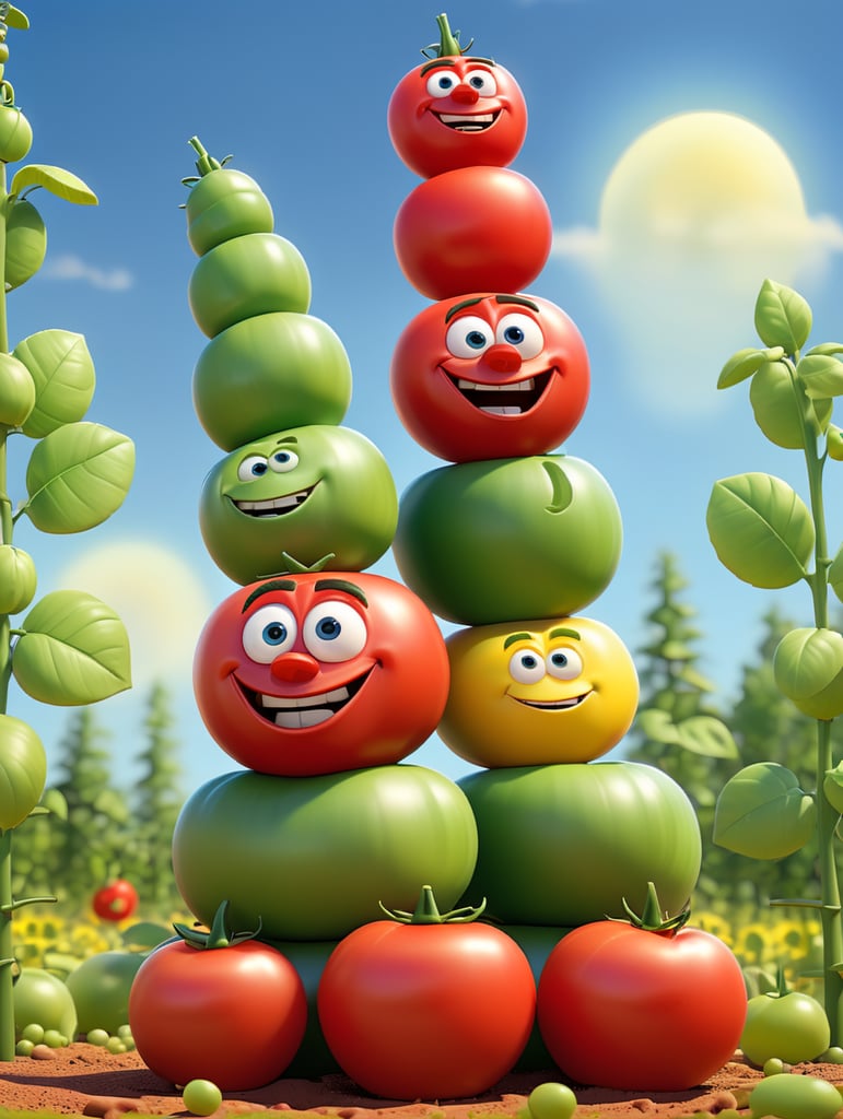 several red tomatoes stacked together forming a ketchup bottle with some leaves around it, beautiful tomato plantation in the background and a blue sky, short grass and yellow flower, creamy light, ambient lighting, beautiful colors