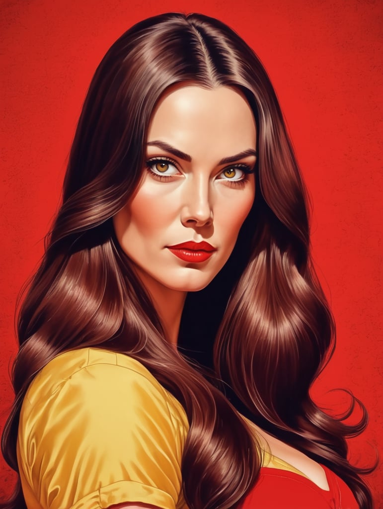 Kind beautiful mother with long hair, red background eye-catching poster-style drawing and illustration representing the iconic pulp style.