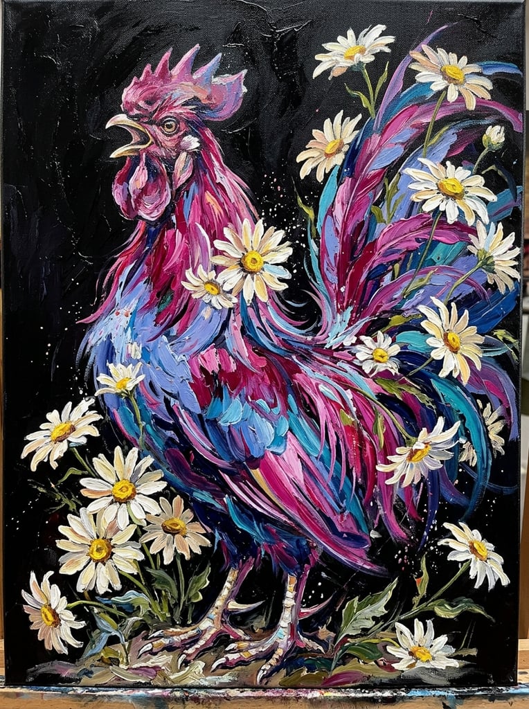Expressive painting of a rooster blended with large daisies, vibrant magenta and periwinkle blue plumage, sweeping brushstrokes, stark black background