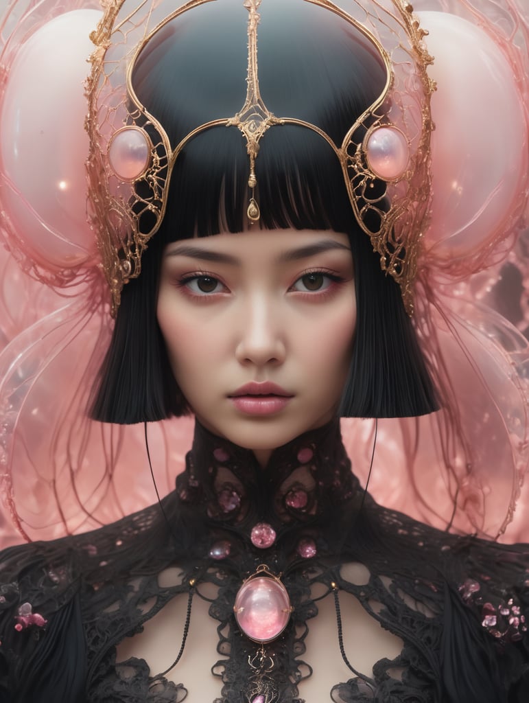 photo RAW, (Black and pink : Portrait of a ghostly jellyfish, shiny aura, highly detailed, gold filigree, intricate motifs, organic tracery, by Android jones, Januz Miralles, Hikari Shimoda, glowing stardust by W. Zelmer, perfect composition, smooth, sharp focus, sparkling particles, lively coral reef background Realistic, realism, hd, 35mm photograph, 8k), masterpiece, award winning photography, natural light, perfect composition, high detail, hyper realistic