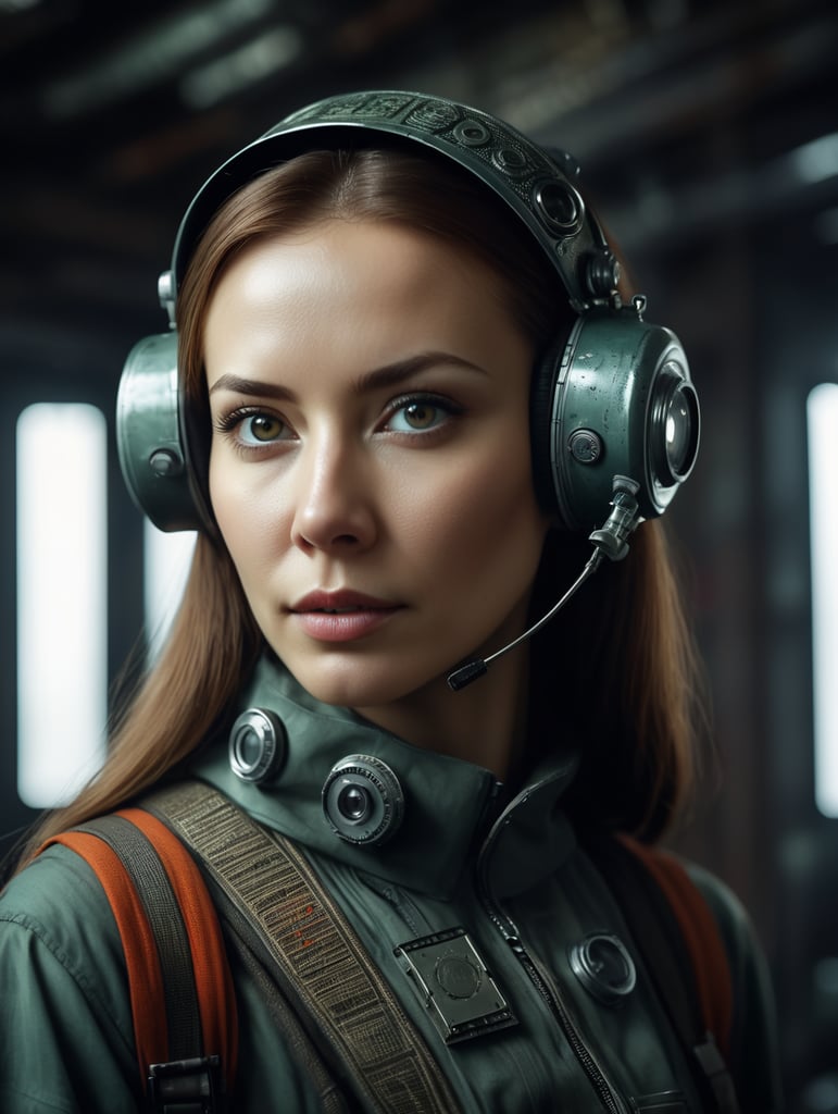 Leica environmental portrait of woman looking at the camera in a dystopian sci-fi home ussr, in the style of dark hues, ussr, coded patterns, sparse and simple, uhd image, urbancore, sovietwave, shadowplay