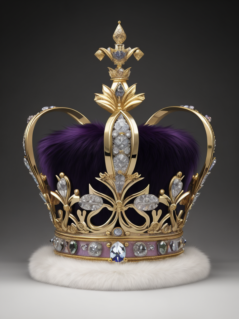 St. Edward’s Gold Crown adorned with gems, Purple velvet, White fox fur, Gray gradient background, Incredibly high detail, deep & bright colors, contrast light