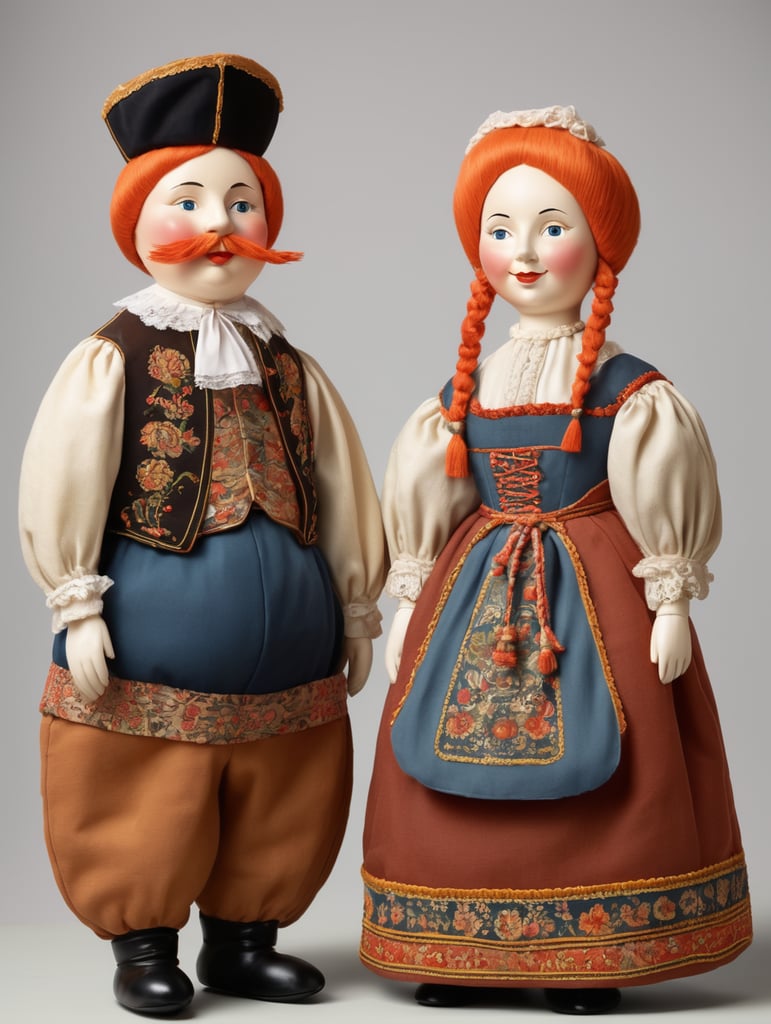 A pair of anthropomorphic dolls in the style of Dutch tradition, soft sculpture, historical subjects, Danish design, folklore theme, colorful caricature