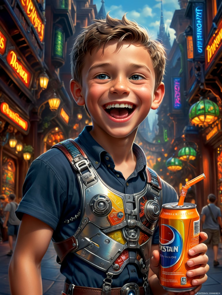 Disney Pixar style boy with metal braces and energy drink, full body