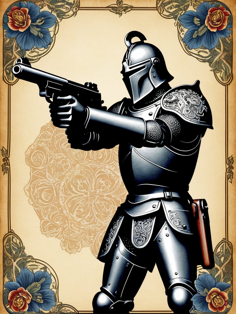 intricate floral parchment background, close up shots of one single ironclad armored medieval knight holding gun glock shooting POV, handgun wielding, firearm, vintageillustration, , with the latin texbox saying "unparriable"