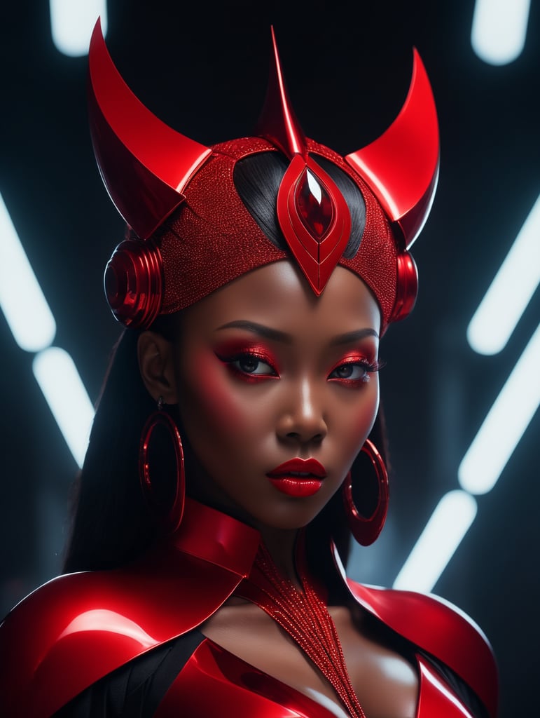 A dark skin black female kpop idol in a all red sleek futuristic outfit, with huge headpiece center piece, clean makeup with oversized red hair, with depth of field, fantastical edgy and regal themed outfit, captured in vivid colors, embodying the essence of fantasy, minimalist