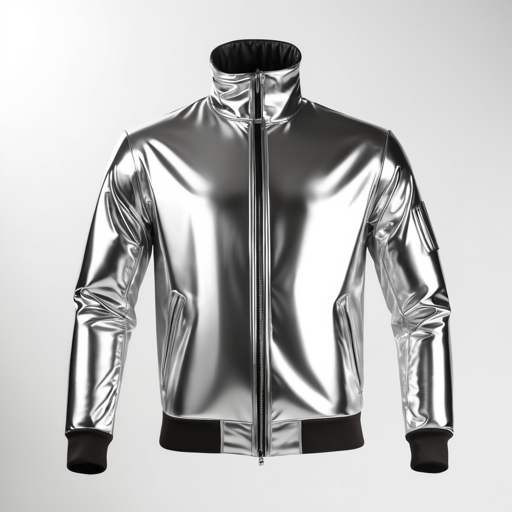 A realistic photo of a chrome shiny jacket on a invisible mannequin, coverall with reflective material, isolated, white background