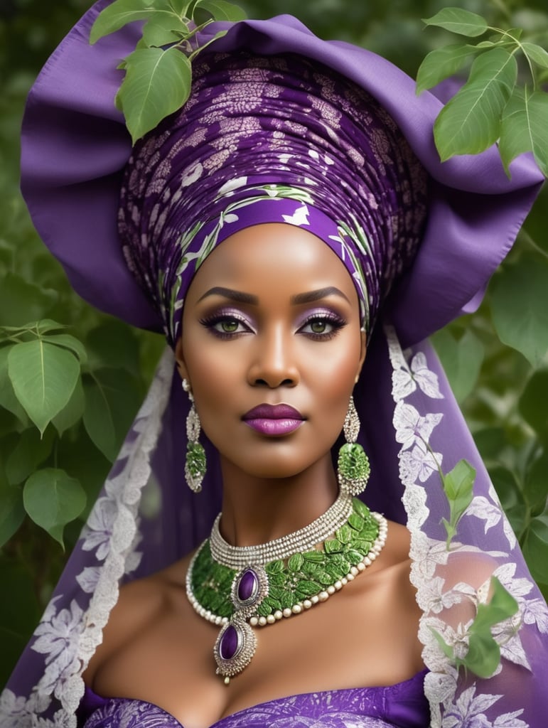 The Northern Star, Arewa. A northern woman from Nigeria with head gear popularly called Zarah Buhari, with a purple African print Bou bou mixed with green leaves. Very elegantly adorned with a veil on her neck, looking demure with kohl in her eyes