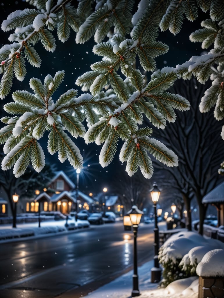 Transform a serene night scene into a magical winter wonderland by adding delicate snowflakes gently falling from the sky and deposited on the tree shining from a street light. Capture the essence of a peaceful winter evening by overlaying your photo with a flurry of snow, bringing a touch of enchantment and tranquility to the scene