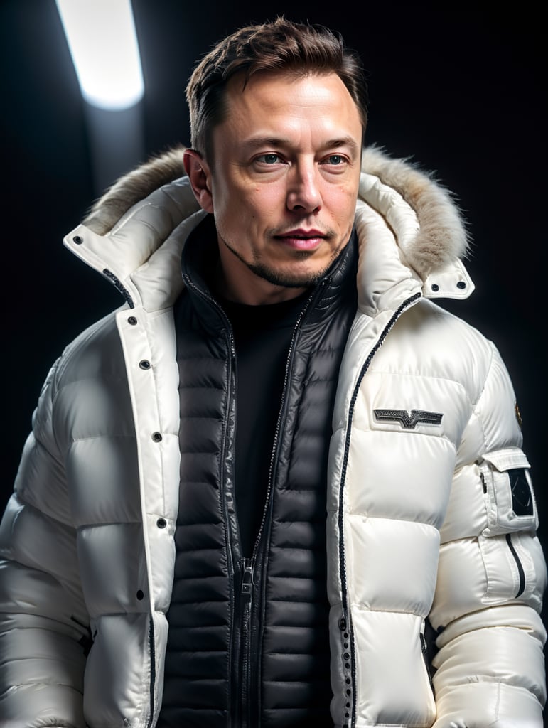 Professional photo glamour of Elon Musk looking stylish in a white puffer jacket