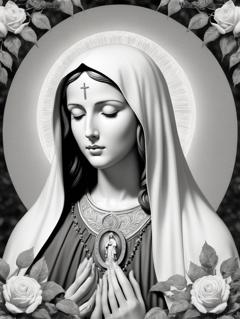 virgin mary holding a roseary with rose in background, black and white