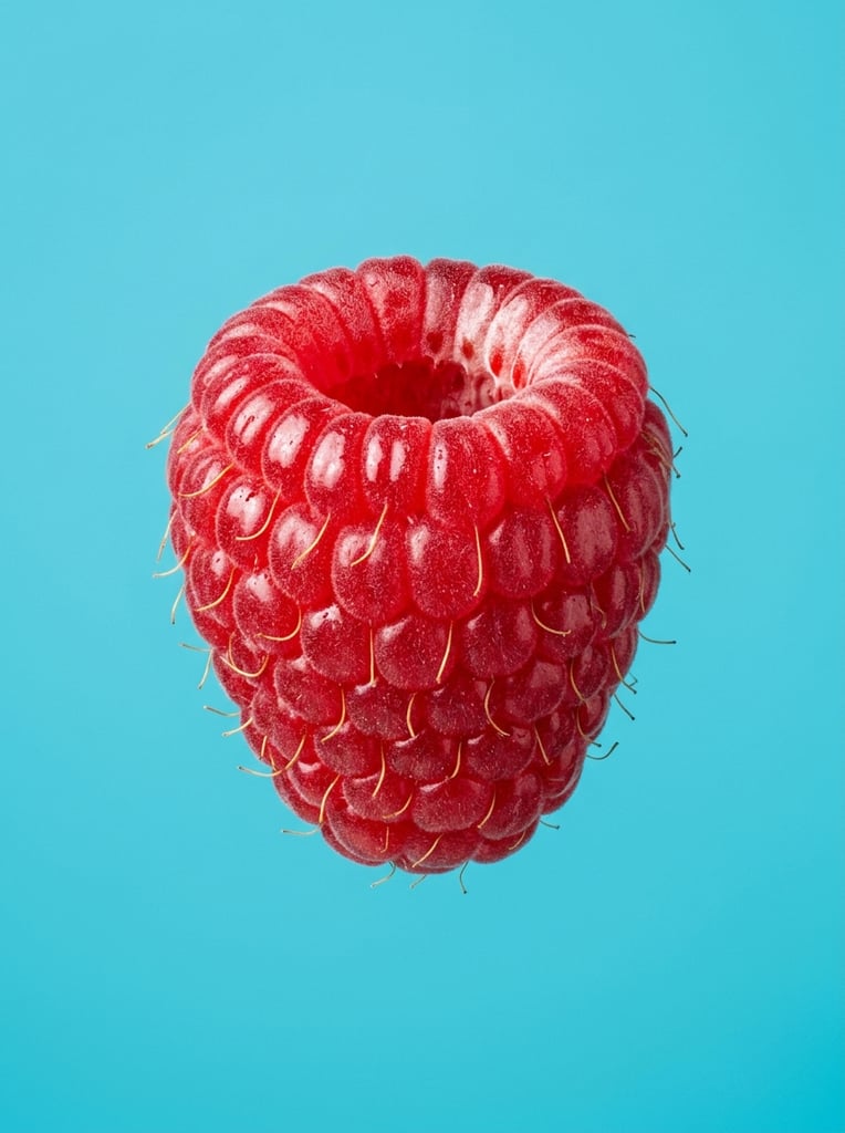 A single ripe crimson raspberry floats centrally against a flat, vibrant cyan-blue background. Macro photography highlights the intricate texture of the plump drupelets, revealing tiny pale golden hairs sprouting from the bumpy surface and a hollow, whitish interior at the top. Bright studio lighting creates glossy highlights across the juicy red exterior, emphasizing the stark complementary color contrast between the detailed fruit and the solid minimalist backdrop.