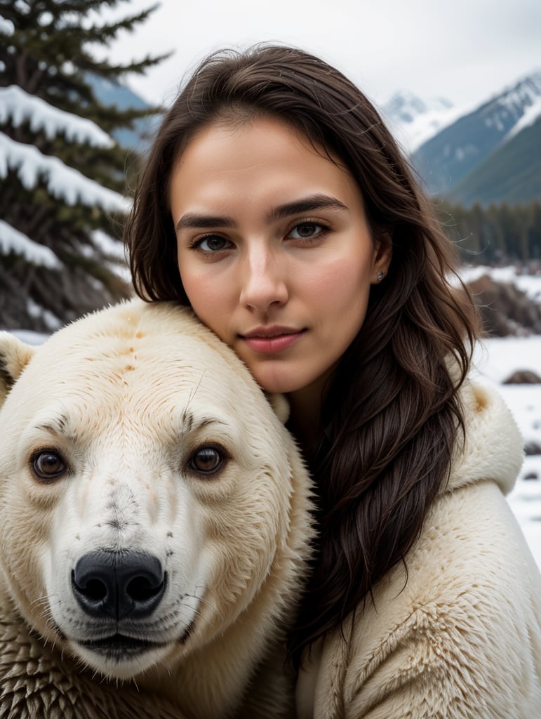 selfie of young woman with a polar bear, polar location, ice and snow, cold environment, highly detailed