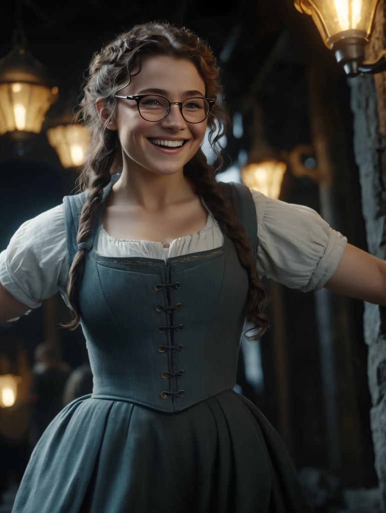 Hobbit woman, female, girl, short, long curly brown hair, big smile, eyeglasses, freckles, hobbit, fantasy, lord of the rings, tolkien, barefoot, hobbit clothes, the shire, lord of the rings movies, smart, intelligent, happy, dress, underbust corset.