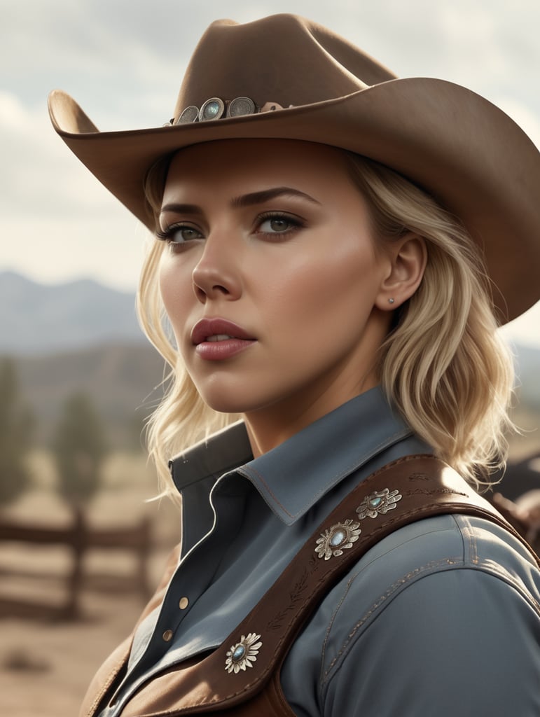 Hyper realistic 16k image of Scarlett Johansson as a cowgirl