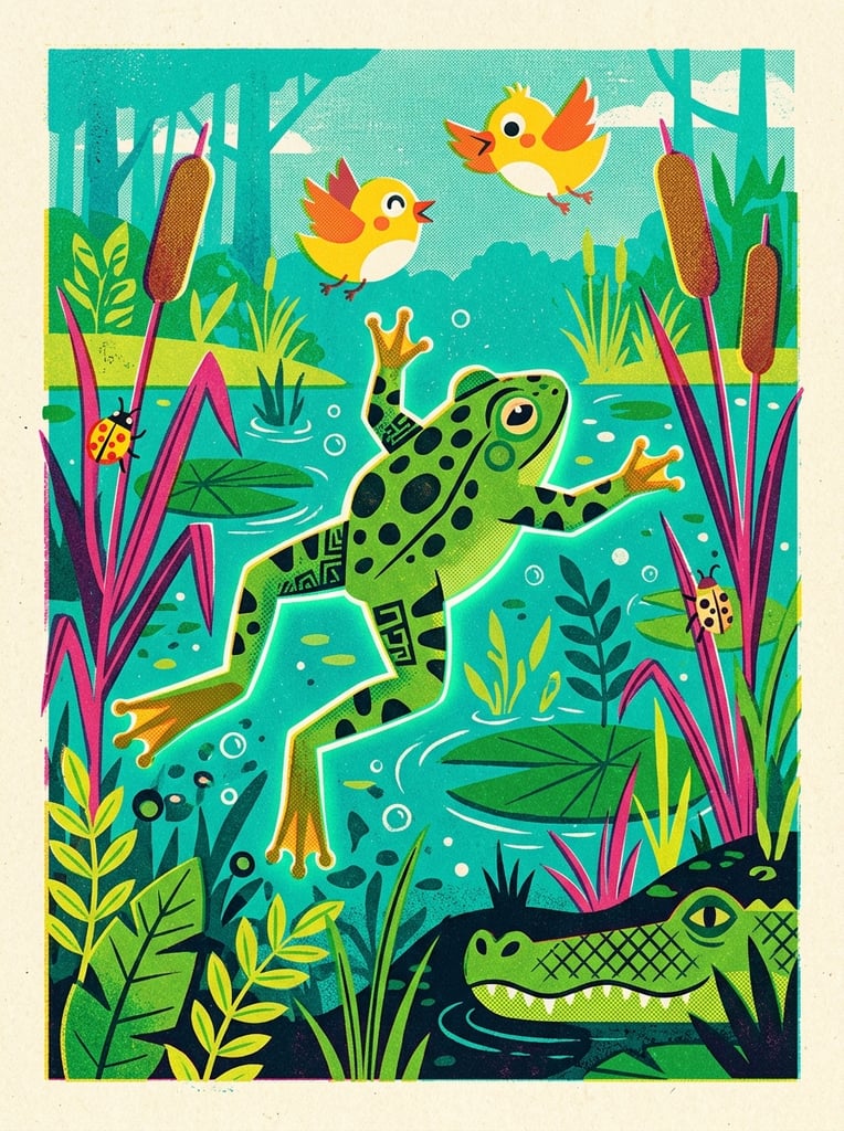 A stylized green frog with dark spots leaps mid-air through a bright teal swamp in a flat graphic illustration with grainy textures. Pink-stemmed cattails and broad green leaves surround the splayed frog. Two round yellow birds flutter above, while geometric red and yellow bugs cling to the plants. A green alligator snout with a cross-hatched jaw peeks from the bottom right corner. The vibrant scene features bold shapes, layered compositions, and a whimsical risograph print aesthetic.