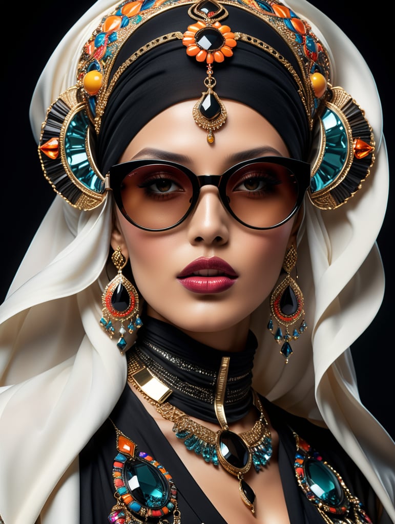 A old culture Egyptian tendency luxury top model dressed with glass and Cotton threads clothes in shape of colorful Waves spectrum. "Smoke black reflecting futuristic sun glasses", dark diamond jewelry, volumetric hijab graved with colorful aztec inspiration in the shape of frilly and mushroomy large waves threads inspired long coat flowing, black clean studio background, hyper detailed, epic Ai Yazawa, maximalist, contrast, Alberto Seveso fashion art style, hyper realistic, studio light, soft light, volumetric lighting, subsurface scattering, 4k, 8k, HD,-- s 1000 --style raw, fashion magazine cover