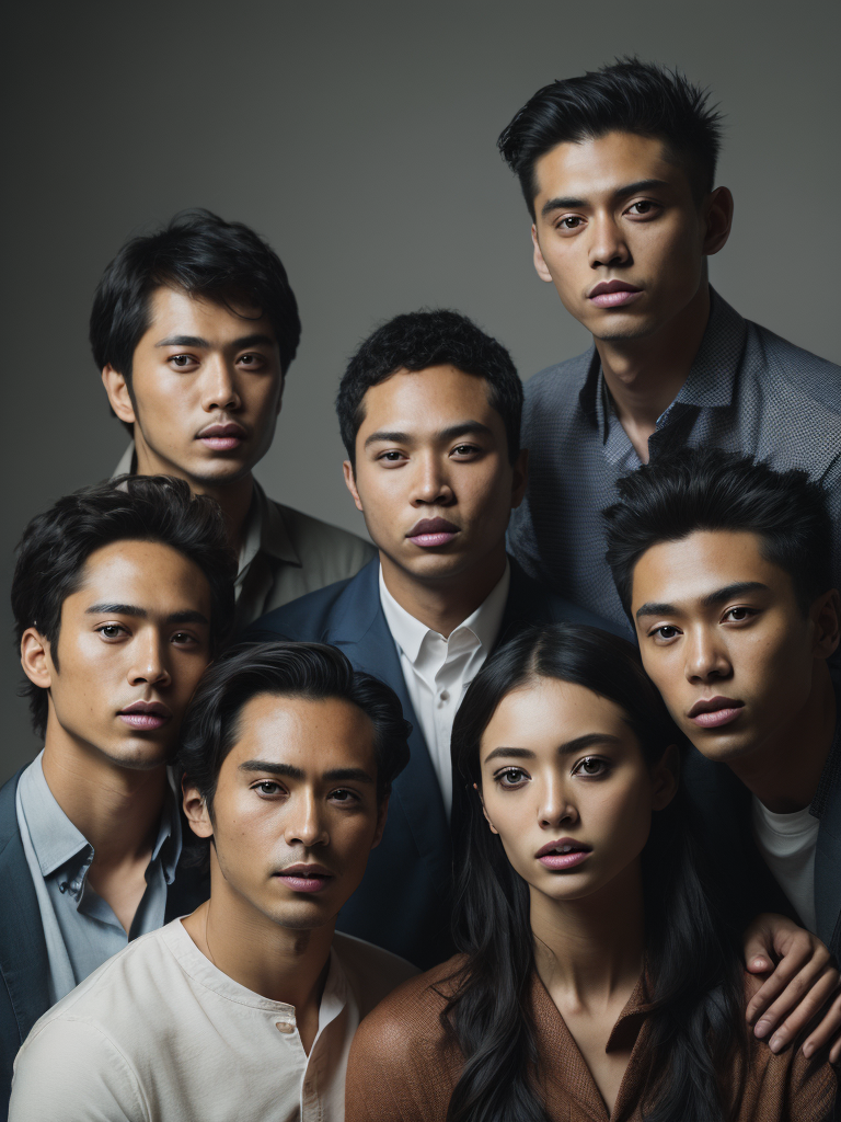 A portrait of a group of South East Asian creatives in a studio with white background, midshot