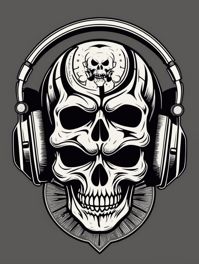 Black and white game over Skull Gaming Logo, linocut, vintage dead head or skull of gamer in headphones, vector image