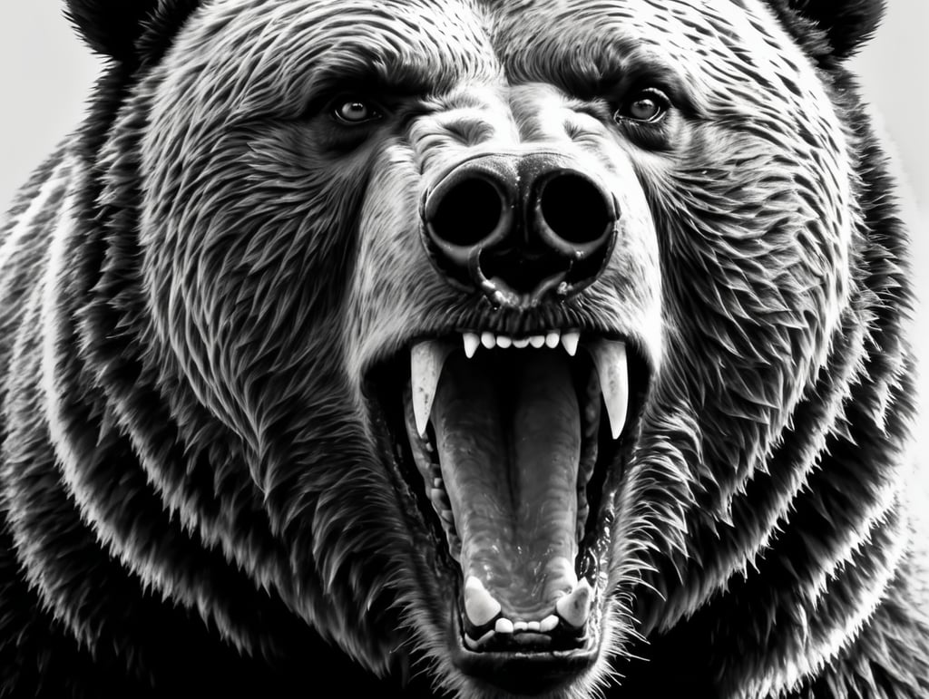 Close-up of an angry bear's face. A toothy grizzly in monochrome style. Animal in the habitat. Illustration for cover, card, postcard, interior design, banner, poster, brochure or presentation