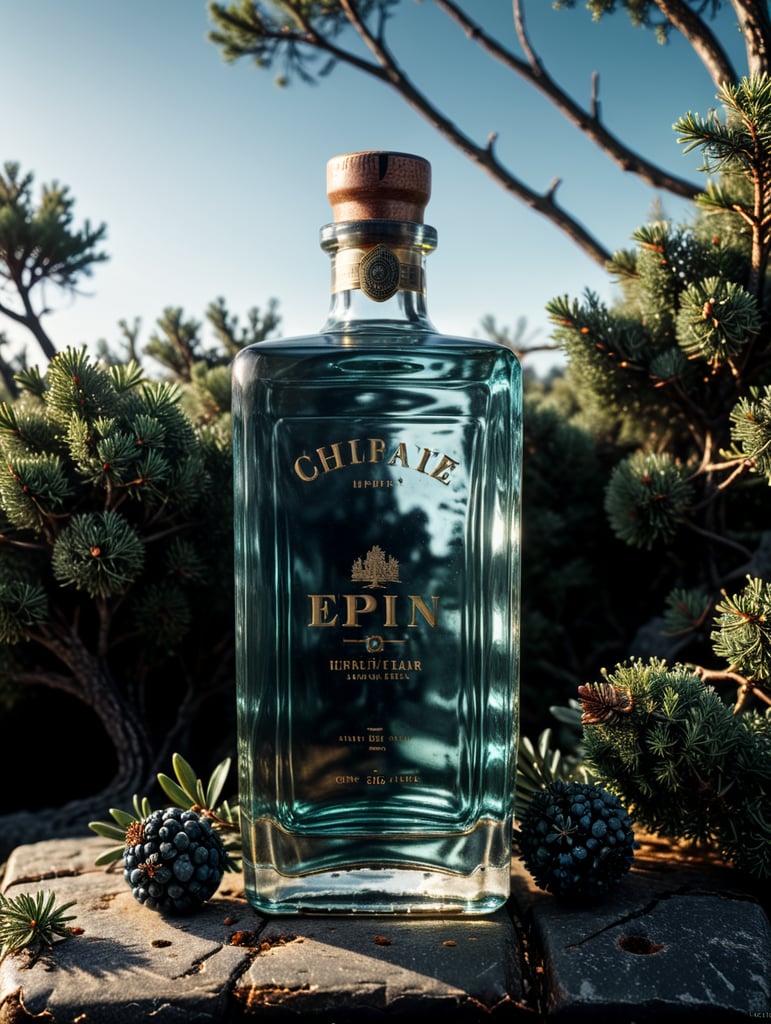 professional photography of a square gin bottle, square bottle, surrounding a juniper and juniper berries, one shot of gin in a front, no label, clear, mockup