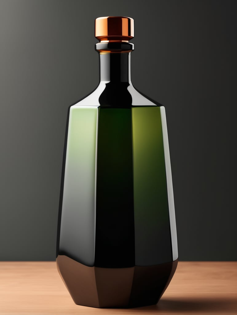 botella de tequila luxury de material ceramico negro con difuminado verde y ambar hexagonal y alta sin etiquetas, tapadera de con textura de basalto, mockup, mock up