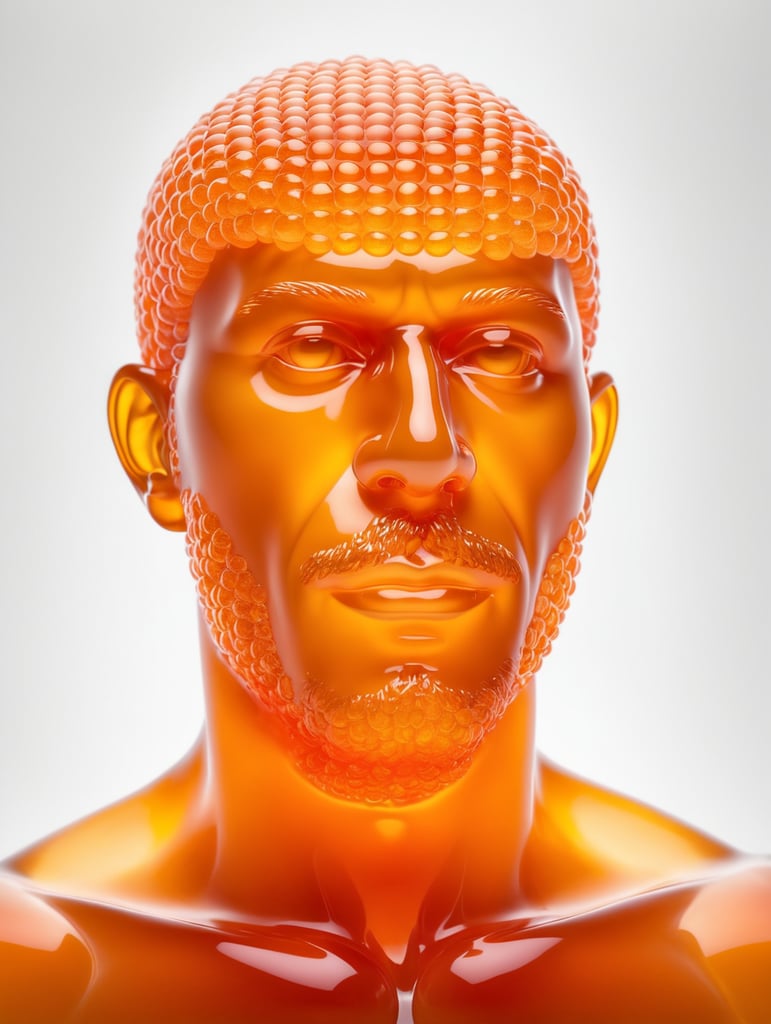 Portrait of a Translucent orange man made from the orange fruit, organs are visible through the jelly, isolated black background