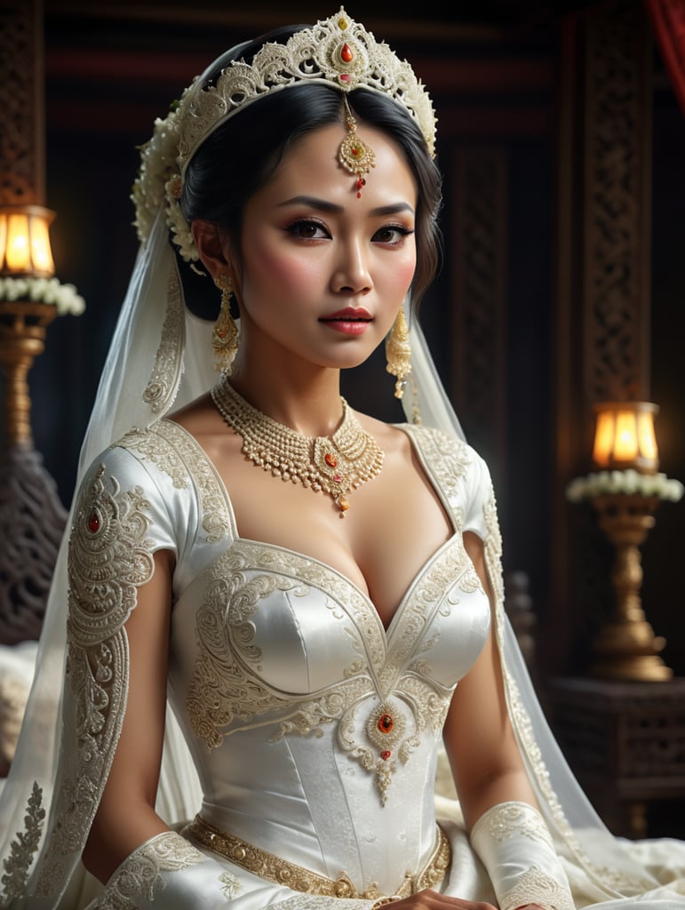 Pengantin jawa berbaju putih, dada terbuka, tanpa mahkota, wajah innocent, latar belakang ranjang pengantin, postur tubuh sintal berisi