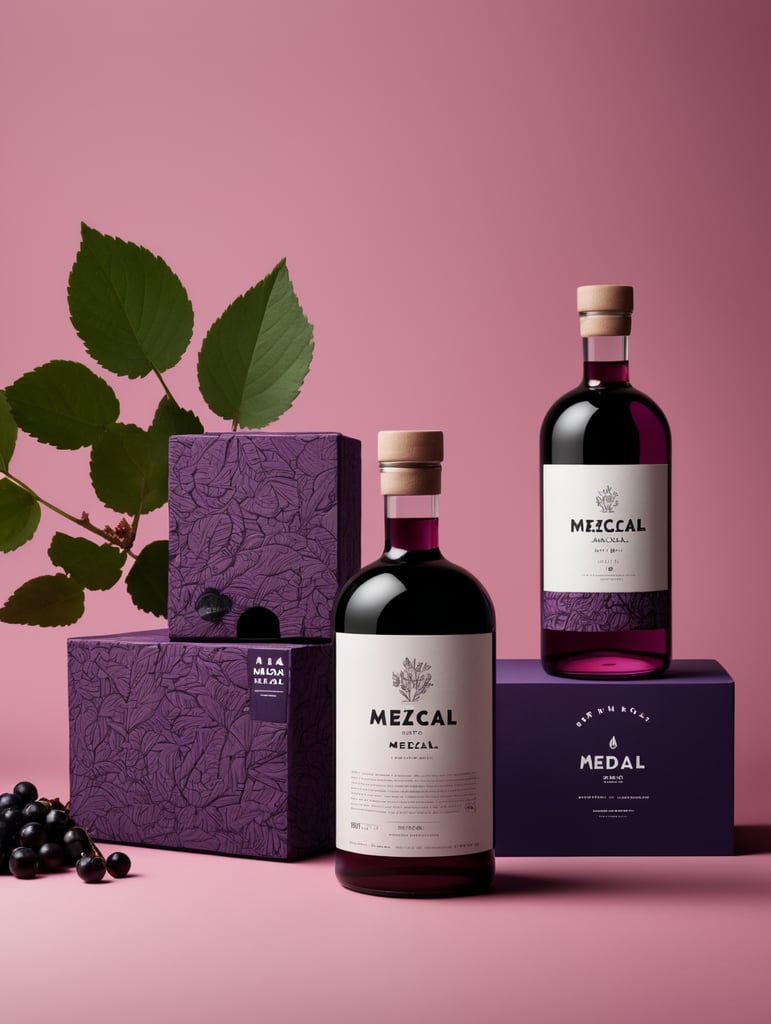 Packaging and branding for a mezcal brand as if it had been designed by HI ESTUDIO with In a set design with bricks, black currant and dry leaves.