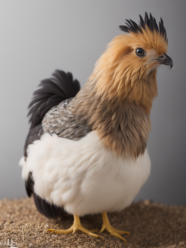 silkie bantam ( chicken) feeding on small amount grain. white background