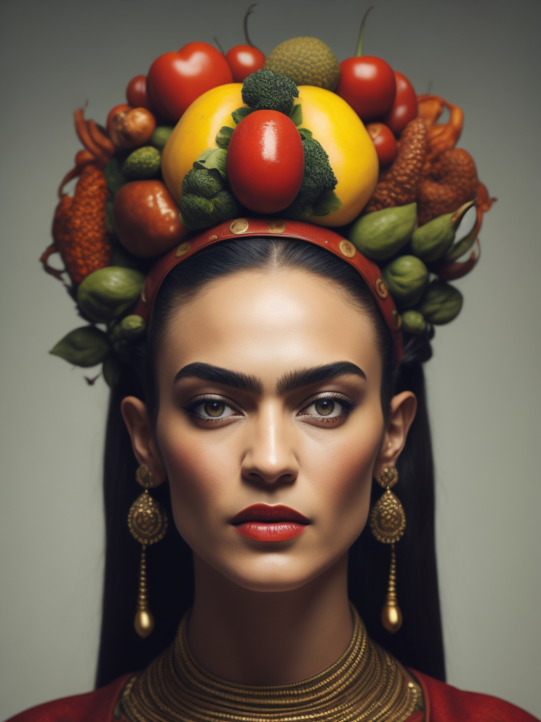 Portrait of Frida Kahlo,Headdress made of fine, fresh and small vegetables and herbs, bright and saturated colors, elegant, highly detailed, vogue, fashion magazine, sharp focus, bright expressive makeup, dramatic lighting, depth of field, incredibly high detailed, blurred background.