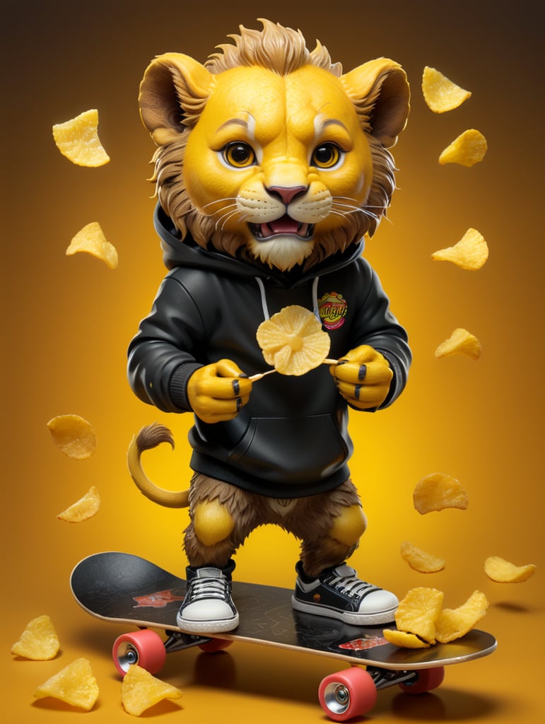 a cute mascot lion character eating potatoe chips, wearing black hoodie, on a skateboard, potatoe yellow color, funko pop, vibrant gradient background,