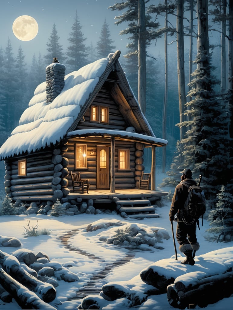Make a small log cabin in the dark Woods whet a lonely man lives