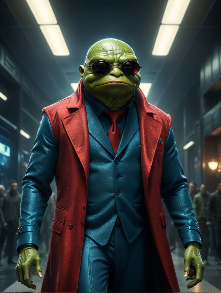 pepe the frog as morpheus in matrix in red and blue clothes