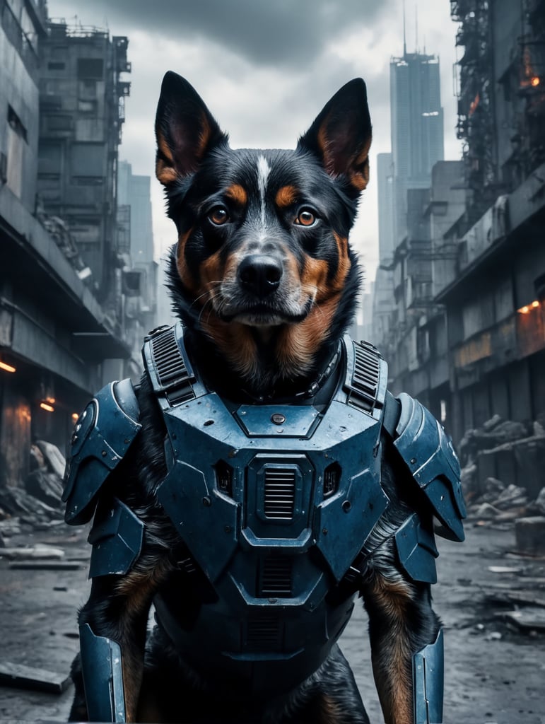 A futuristic blue heeler warrior, in a post apocalyptic cityscape in tokyo
