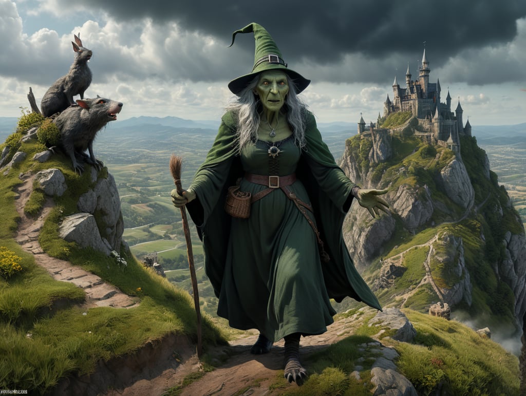 An old witch dressed in dark green, ugly with a big nose and warts, crooked back viewed from the front, one grey rat by her feet. Standing on a hill top with her arms raised towards the sky. Viewed from behind.