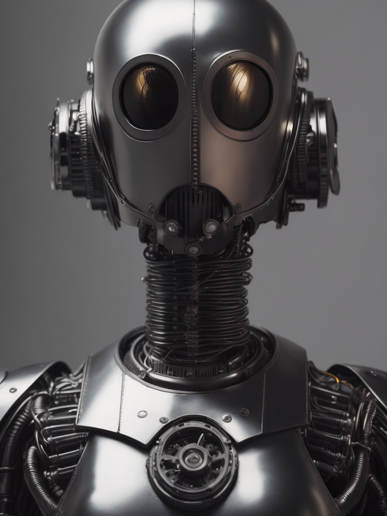 K-2SO, in the style of mechanical realism, iconic album covers, pencilsteampunk, angelcore, detailed facial features, chrome-plated, undefined anatomy