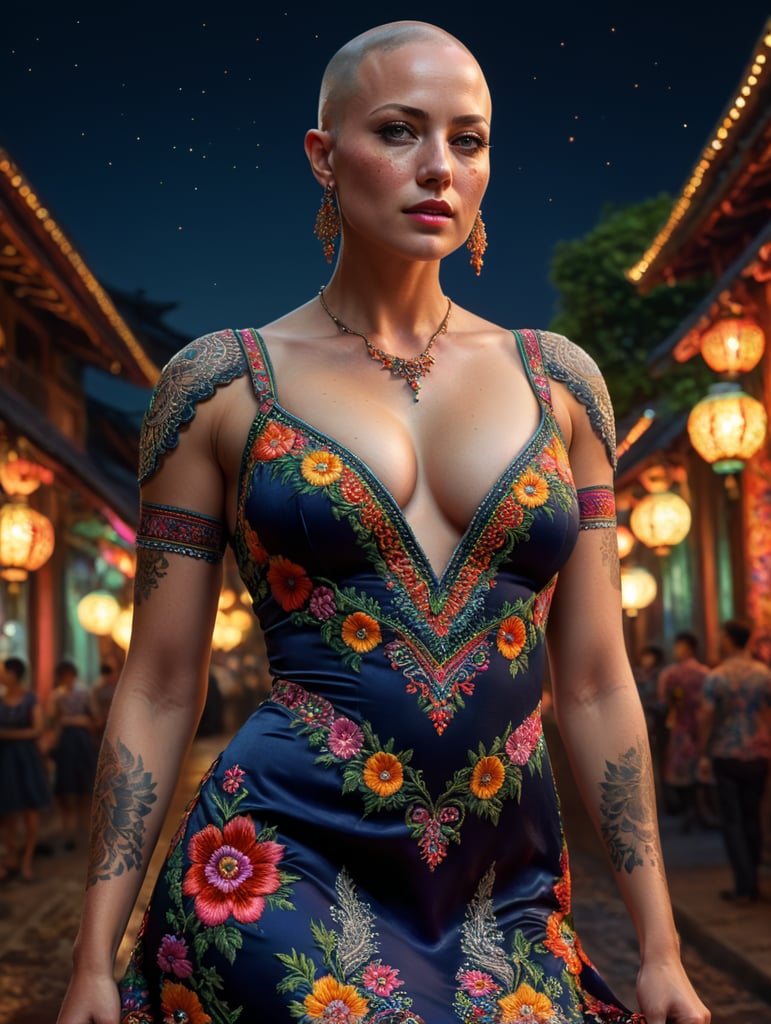 Beautiful hot bald woman with freckles, wearing a colorful, vibrant, detailed embroidered dress, medium-full shot, at night