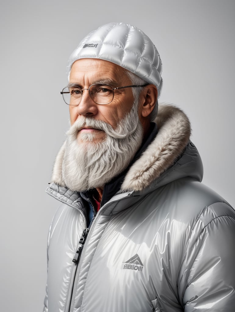 Inflatable white minimalist old man with beard puffer jacket, transparent, isolated, grey background, mockup