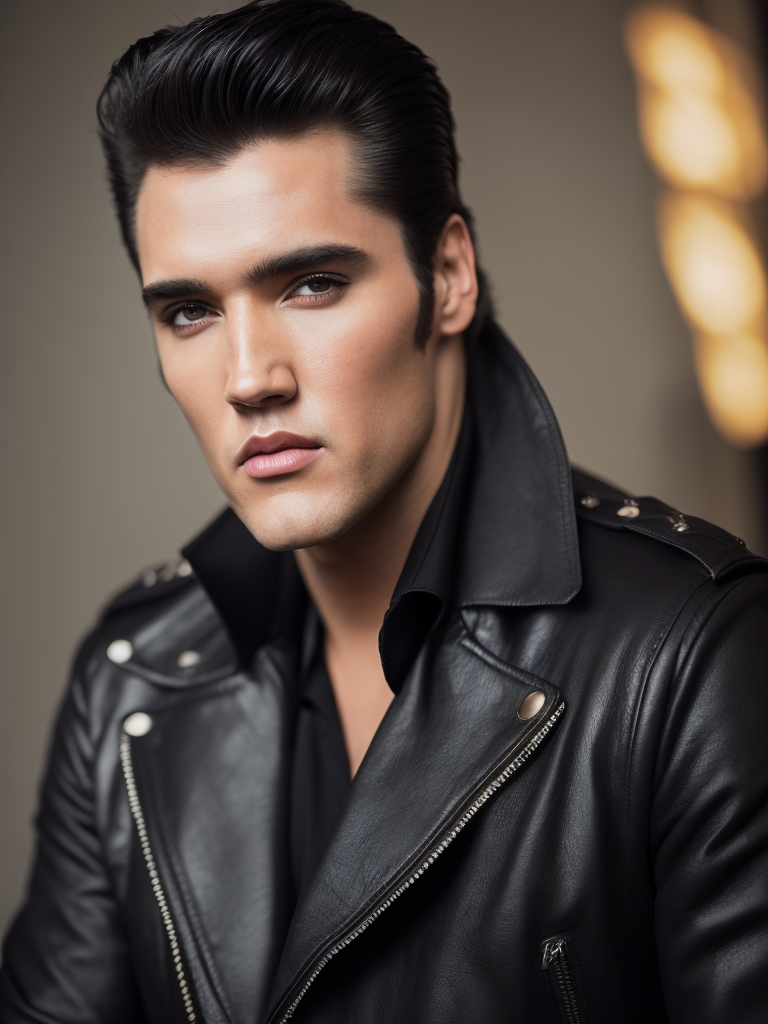 Portrait of Elvis Presley wearing a black leather jacket, studio photo, professional photo, Bright and rich colors, Detailed image, detailed face