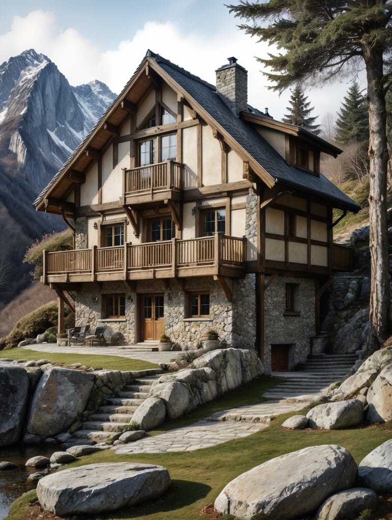 Watercolour sketch of a very small mountain timber frame house, timber, rock, Stone modern, muted colours, by Jean-baptiste Monge