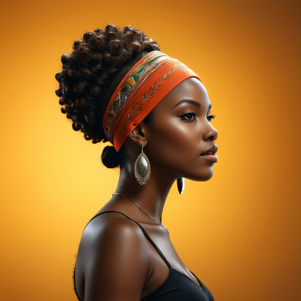 A side profile portrait of a black woman, headband, vibrant dark skin tone, shiny skin, studio lighting, ultra-realistic photography