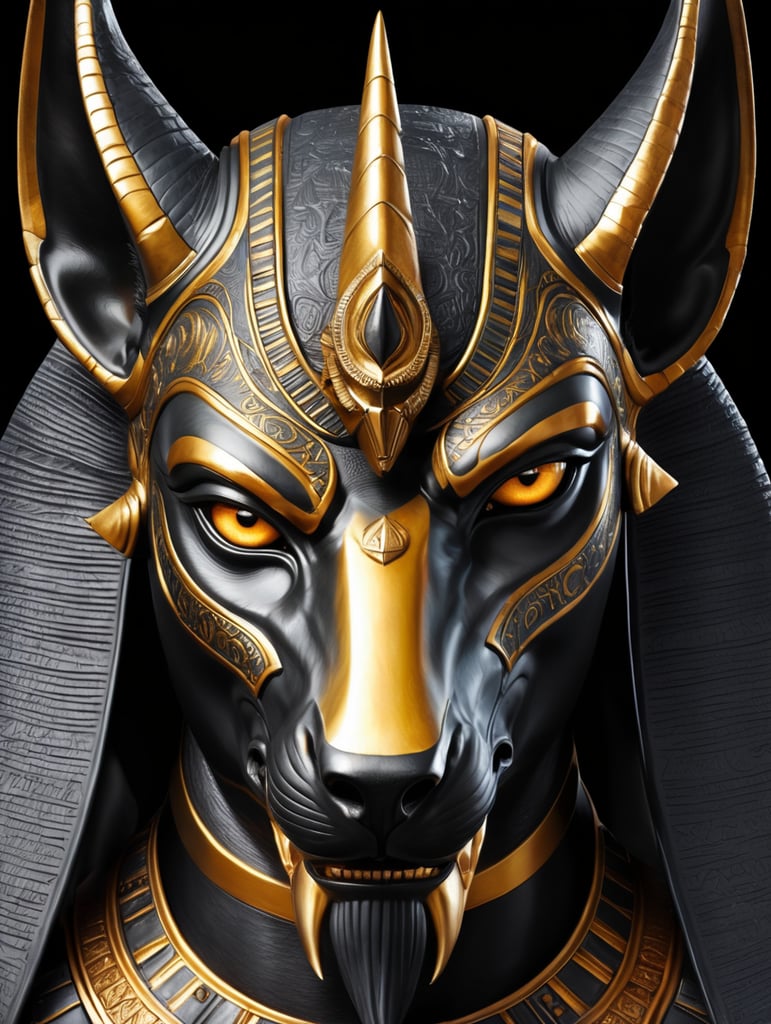 Egyptian god Anubis, portrait, hyper-realistic, dark style, focus on face, sharp on details, black background